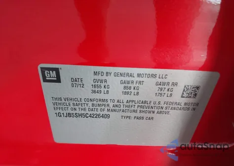 2012 Chevrolet Sonic 1Ls из США, поврежденный, VIN 1G1JB5SH5C4226409